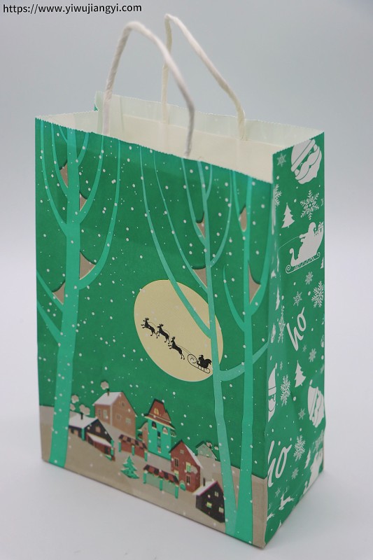 Green Christmas Snow Scene Reindeer Themed Paper Shopping Bag